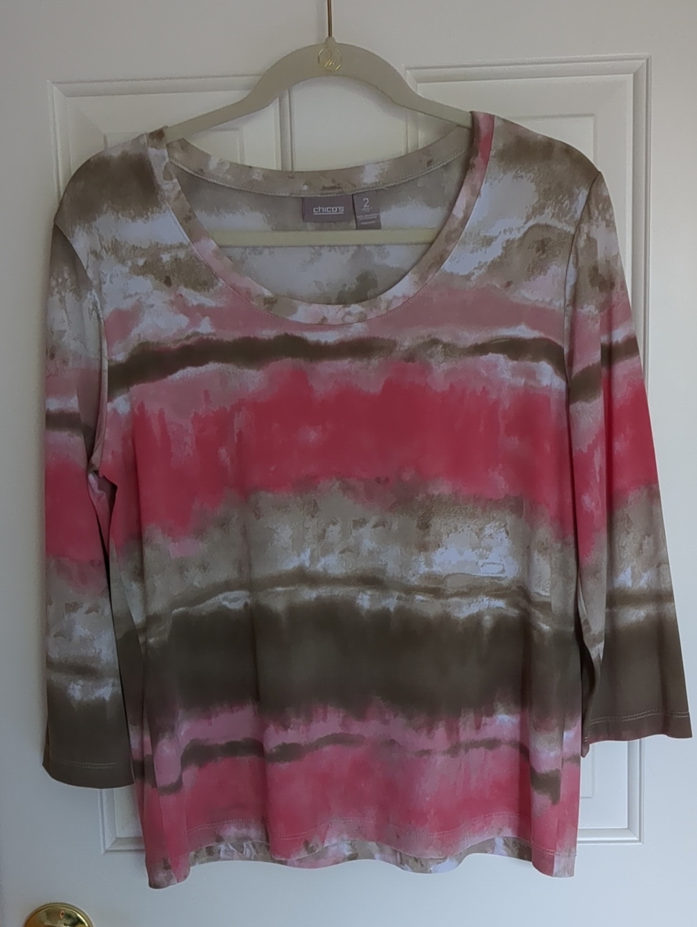 Chico's Pink and Taupe Striped Tie-Dye Three Quarter Sleeve Top